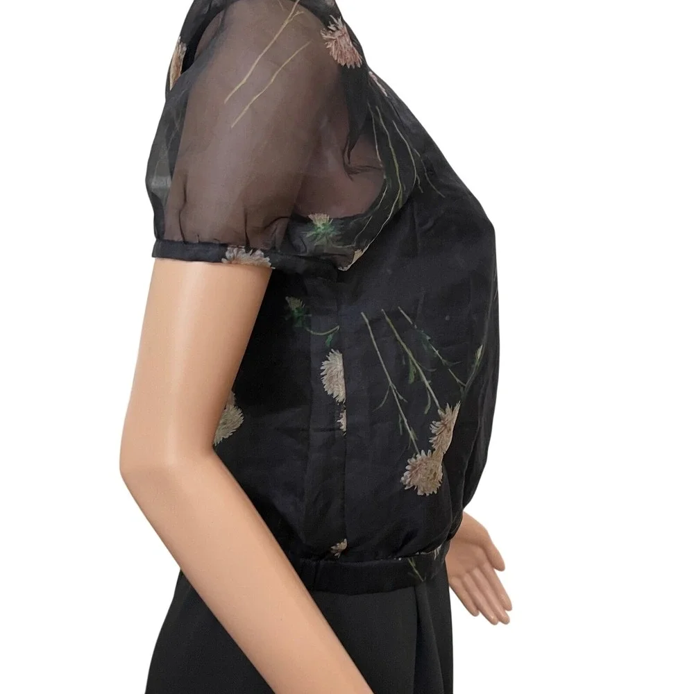 Madewell  Silk Puff Sleeve Wrap‎ Top Black Floral V-Neck Blouse XXS, fits sz 4